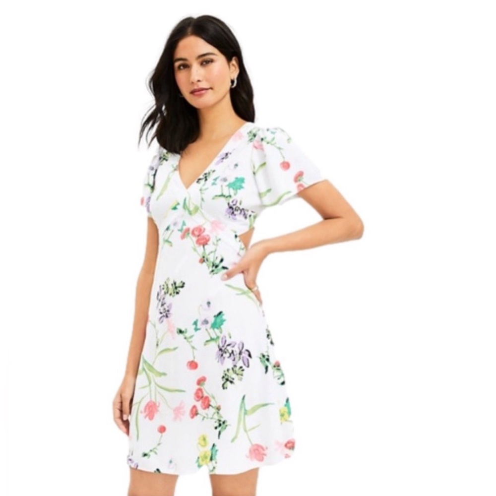 NWT LOFT | Dress | Botanical flower cutout side flutter dress white size 8